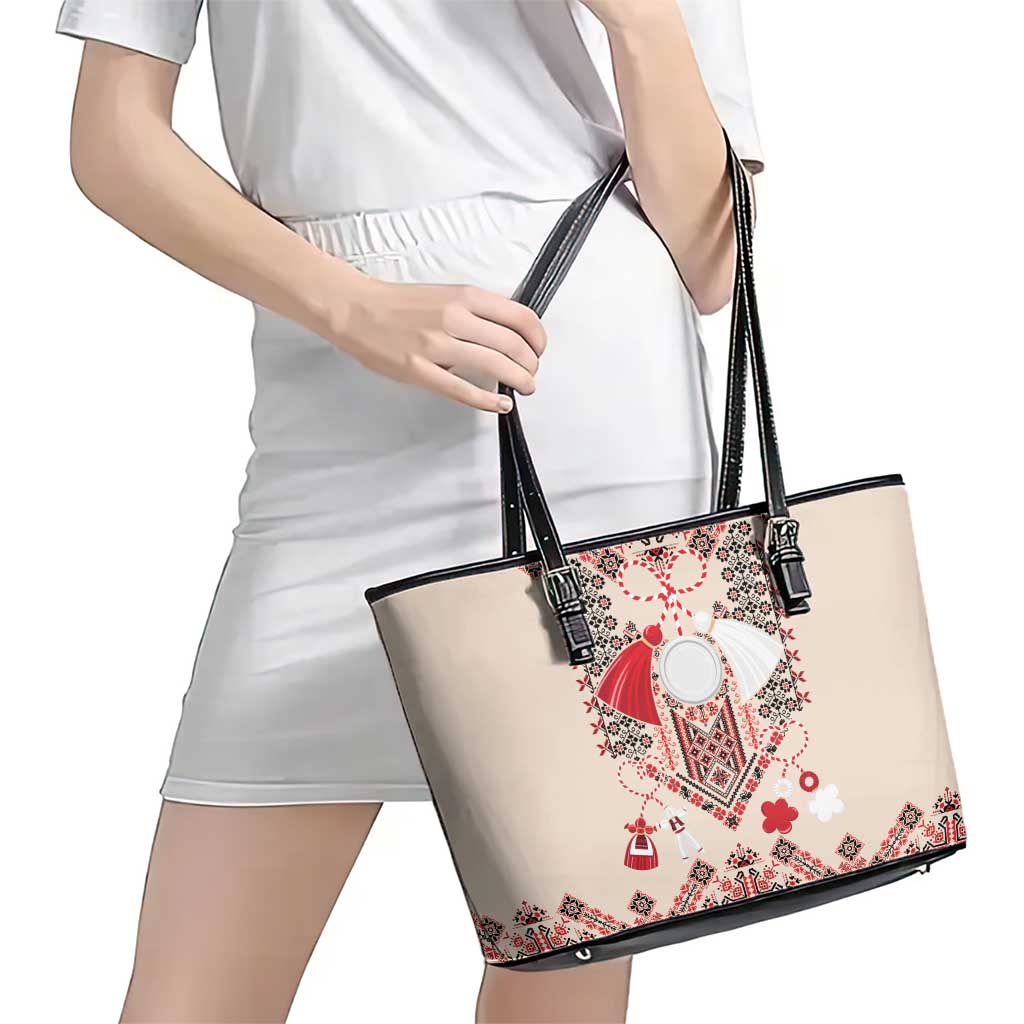 Vintage Martisor Day Martenitsa Leather Tote Bag Traditional Romanian Embroidery No1