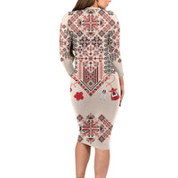 Vintage Martisor Day Martenitsa Long Sleeve Bodycon Dress Traditional Romanian Embroidery No1