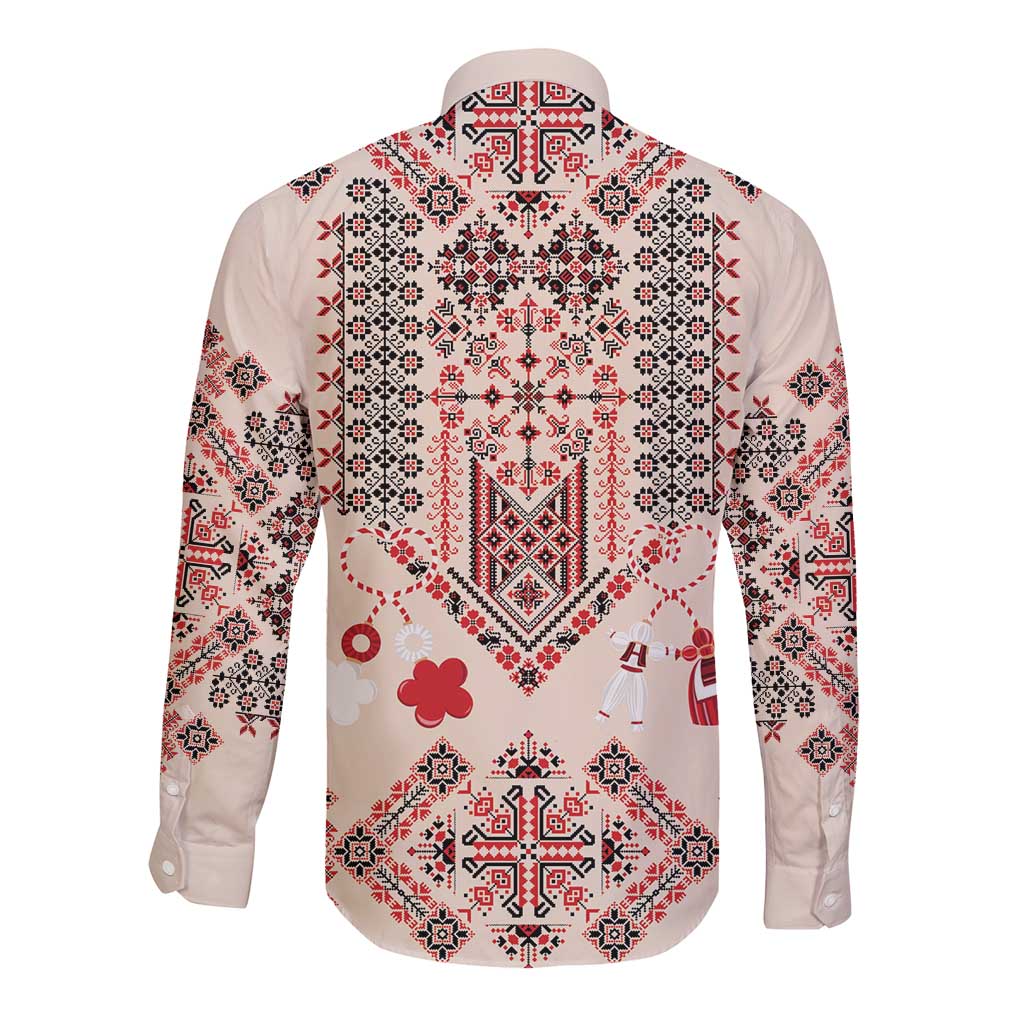 Vintage Martisor Day Martenitsa Long Sleeve Button Shirt Traditional Romanian Embroidery No1