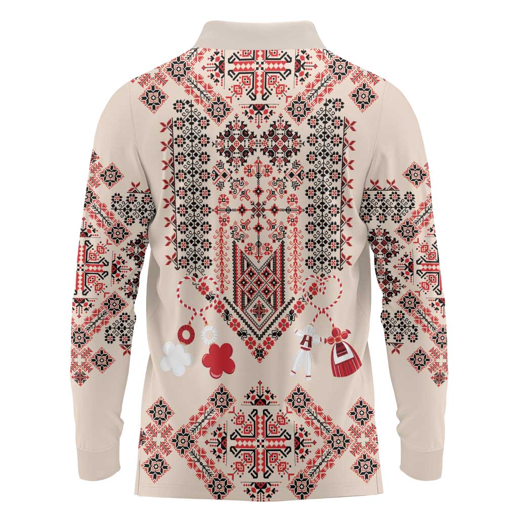 Vintage Martisor Day Martenitsa Long Sleeve Polo Shirt Traditional Romanian Embroidery No1