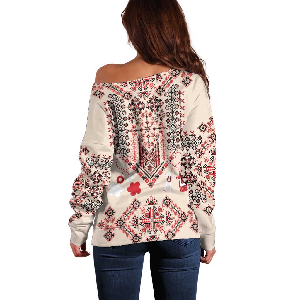Vintage Martisor Day Martenitsa Off Shoulder Sweater Traditional Romanian Embroidery No1