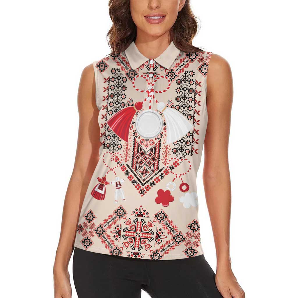 Vintage Martisor Day Martenitsa Women Sleeveless Polo Shirt Traditional Romanian Embroidery No1
