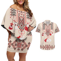 Vintage Martisor Day Martenitsa Couples Matching Off Shoulder Short Dress and Hawaiian Shirt Traditional Romanian Embroidery No2