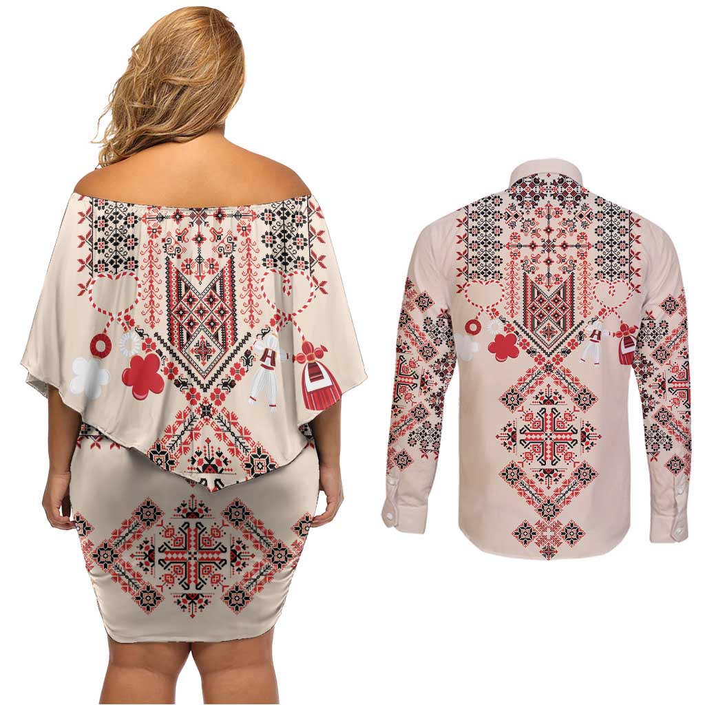 Vintage Martisor Day Martenitsa Couples Matching Off Shoulder Short Dress and Long Sleeve Button Shirt Traditional Romanian Embroidery No2
