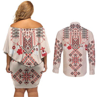 Vintage Martisor Day Martenitsa Couples Matching Off Shoulder Short Dress and Long Sleeve Button Shirt Traditional Romanian Embroidery No2
