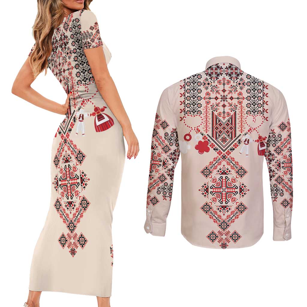 Vintage Martisor Day Martenitsa Couples Matching Short Sleeve Bodycon Dress and Long Sleeve Button Shirt Traditional Romanian Embroidery No2