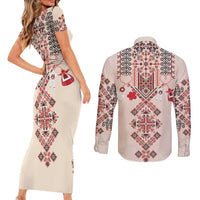 Vintage Martisor Day Martenitsa Couples Matching Short Sleeve Bodycon Dress and Long Sleeve Button Shirt Traditional Romanian Embroidery No2
