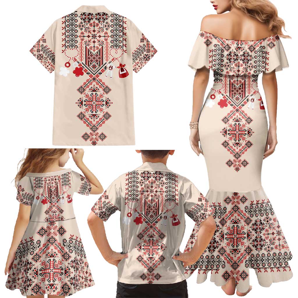 Vintage Martisor Day Martenitsa Family Matching Mermaid Dress and Hawaiian Shirt Traditional Romanian Embroidery No2