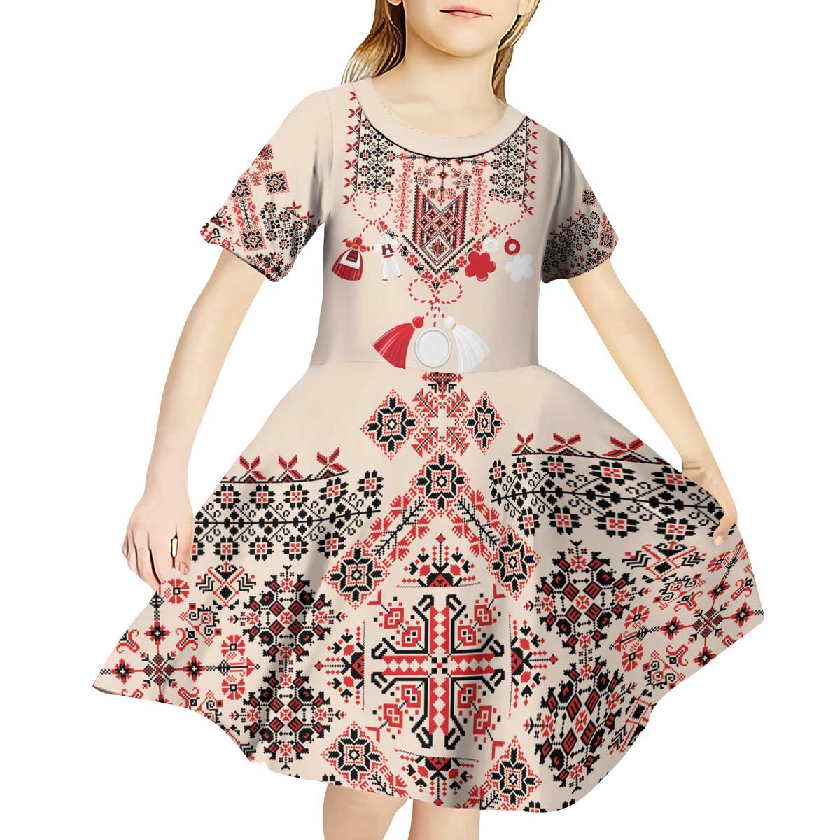 Vintage Martisor Day Martenitsa Kid Short Sleeve Dress Traditional Romanian Embroidery No2