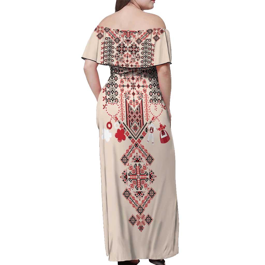 Vintage Martisor Day Martenitsa Off Shoulder Maxi Dress Traditional Romanian Embroidery No2