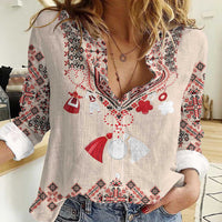 Vintage Martisor Day Martenitsa Women Casual Shirt Traditional Romanian Embroidery No2