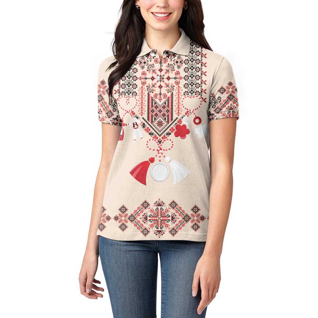 Vintage Martisor Day Martenitsa Women Polo Shirt Traditional Romanian Embroidery No2