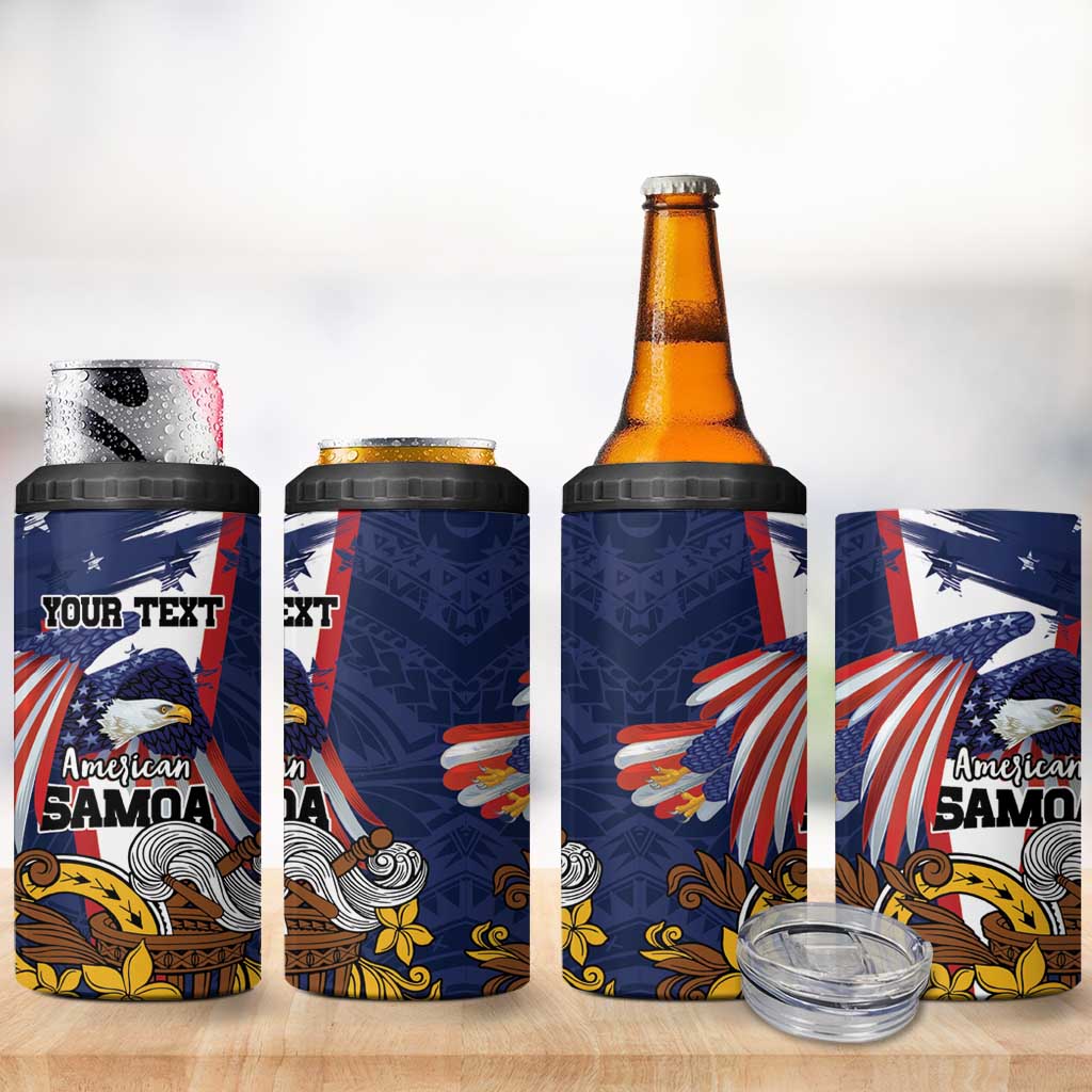 USA-American Samoa Flag Day Personalized 4 in 1 Can Cooler Tumbler Bald Eagle Polynesian Tribal Pattern