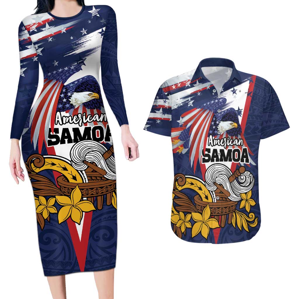 USA-American Samoa Flag Day Personalized Couples Matching Long Sleeve Bodycon Dress and Hawaiian Shirt Bald Eagle Polynesian Tribal Pattern