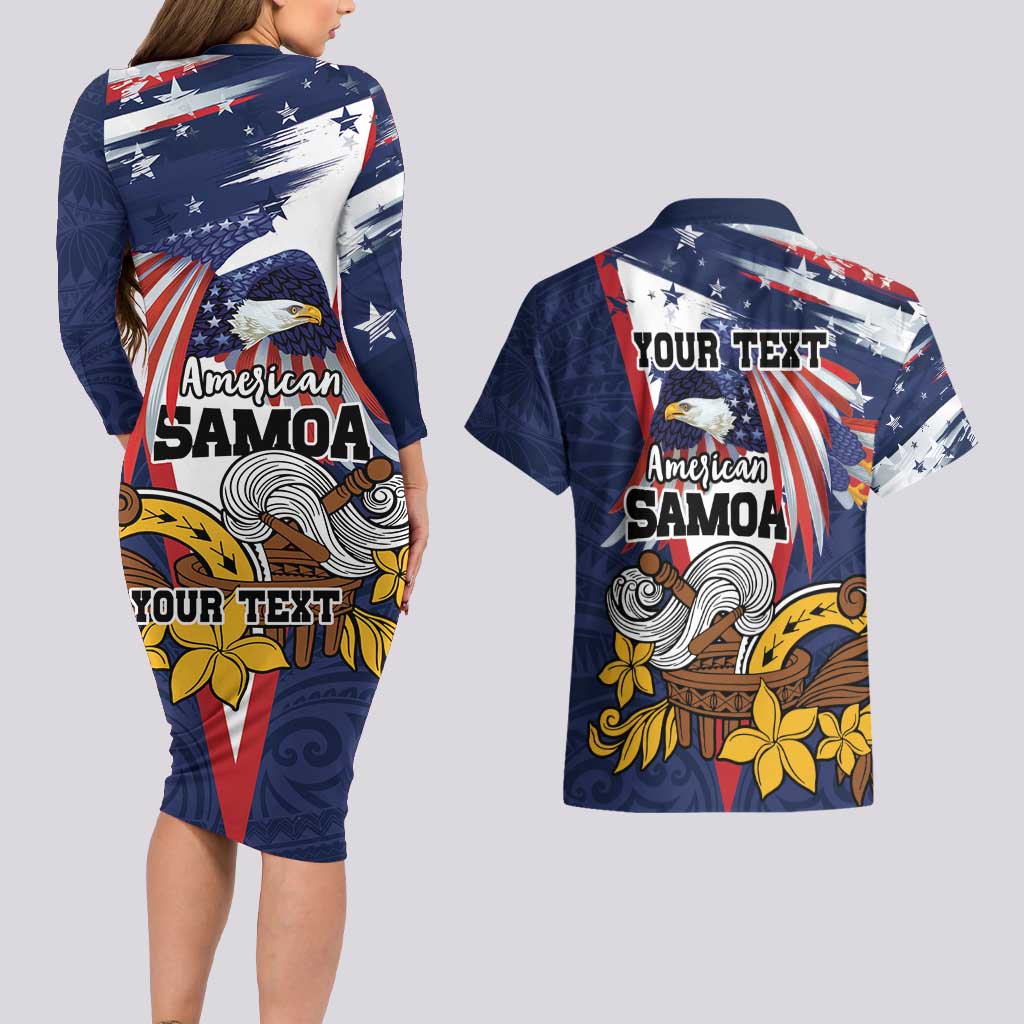 USA-American Samoa Flag Day Personalized Couples Matching Long Sleeve Bodycon Dress and Hawaiian Shirt Bald Eagle Polynesian Tribal Pattern