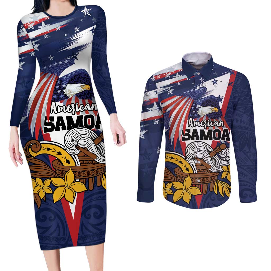 USA-American Samoa Flag Day Personalized Couples Matching Long Sleeve Bodycon Dress and Long Sleeve Button Shirt Bald Eagle Polynesian Tribal Pattern