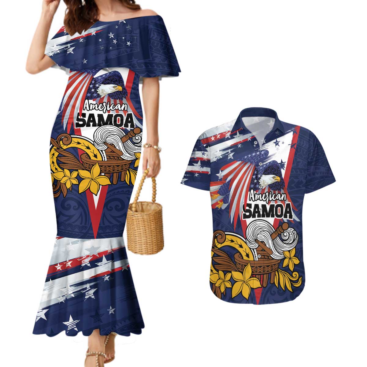 USA-American Samoa Flag Day Personalized Couples Matching Mermaid Dress and Hawaiian Shirt Bald Eagle Polynesian Tribal Pattern