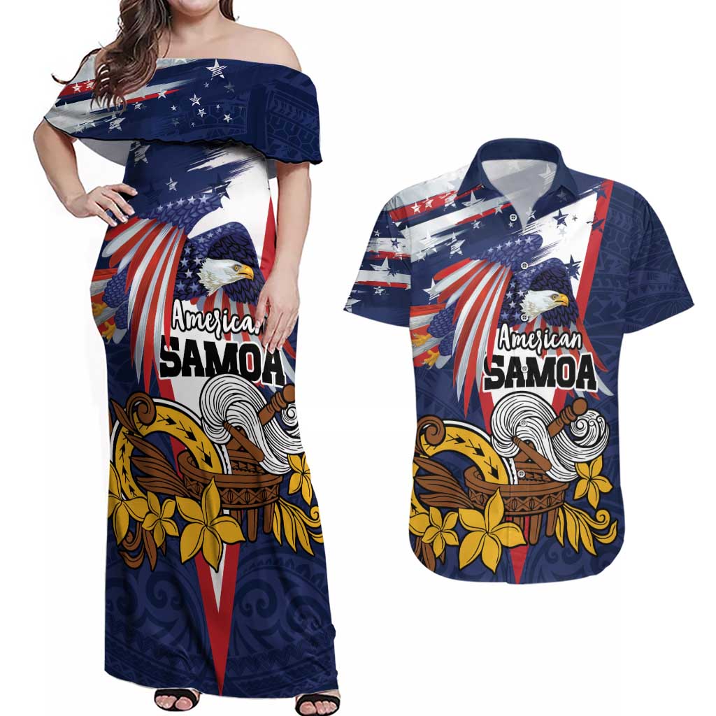 USA-American Samoa Flag Day Personalized Couples Matching Off Shoulder Maxi Dress and Hawaiian Shirt Bald Eagle Polynesian Tribal Pattern