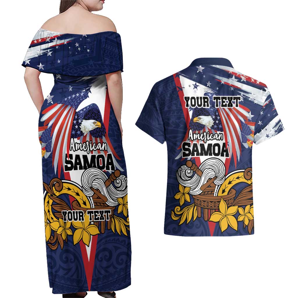 USA-American Samoa Flag Day Personalized Couples Matching Off Shoulder Maxi Dress and Hawaiian Shirt Bald Eagle Polynesian Tribal Pattern