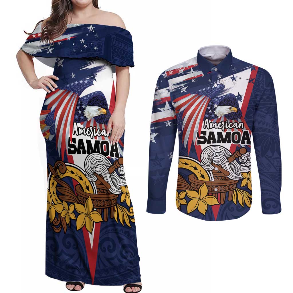 USA-American Samoa Flag Day Personalized Couples Matching Off Shoulder Maxi Dress and Long Sleeve Button Shirt Bald Eagle Polynesian Tribal Pattern