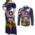 USA-American Samoa Flag Day Personalized Couples Matching Off Shoulder Maxi Dress and Long Sleeve Button Shirt Bald Eagle Polynesian Tribal Pattern