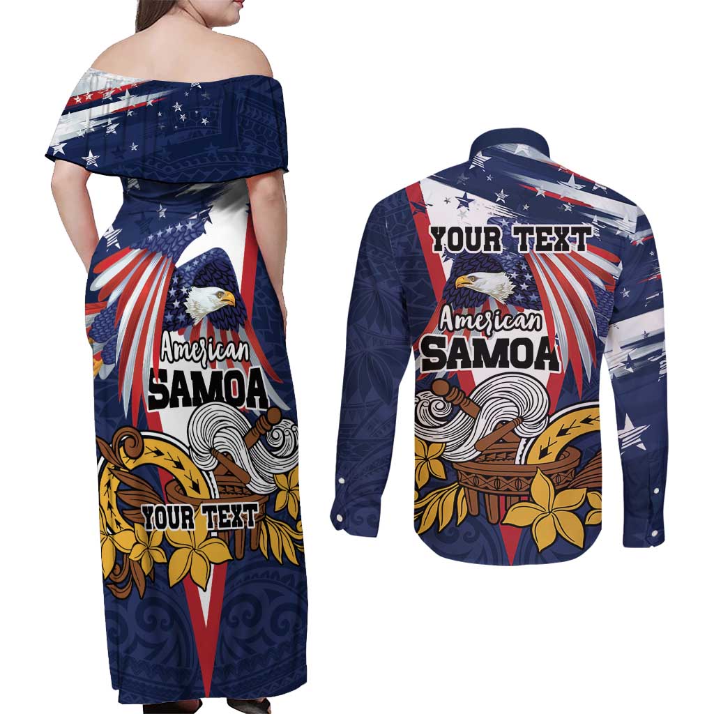 USA-American Samoa Flag Day Personalized Couples Matching Off Shoulder Maxi Dress and Long Sleeve Button Shirt Bald Eagle Polynesian Tribal Pattern