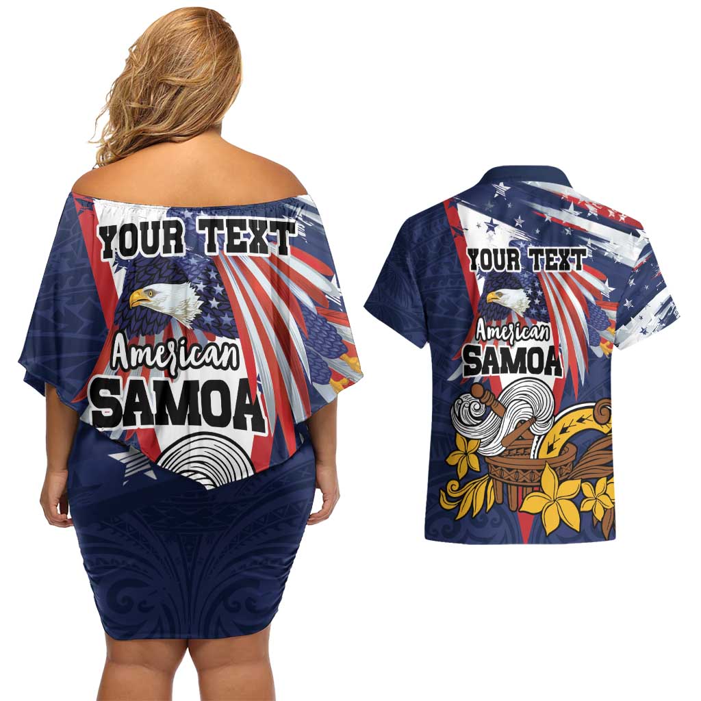 USA-American Samoa Flag Day Personalized Couples Matching Off Shoulder Short Dress and Hawaiian Shirt Bald Eagle Polynesian Tribal Pattern