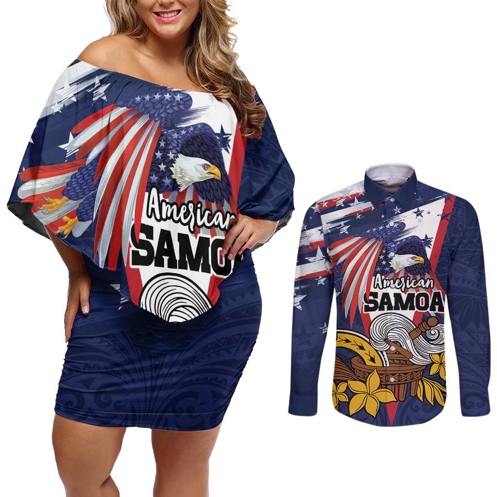 USA-American Samoa Flag Day Personalized Couples Matching Off Shoulder Short Dress and Long Sleeve Button Shirt Bald Eagle Polynesian Tribal Pattern