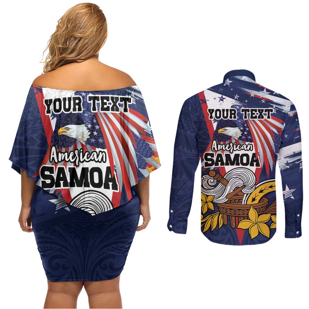 USA-American Samoa Flag Day Personalized Couples Matching Off Shoulder Short Dress and Long Sleeve Button Shirt Bald Eagle Polynesian Tribal Pattern