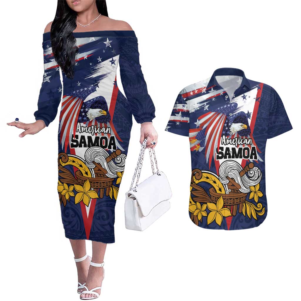 USA-American Samoa Flag Day Personalized Couples Matching Off The Shoulder Long Sleeve Dress and Hawaiian Shirt Bald Eagle Polynesian Tribal Pattern