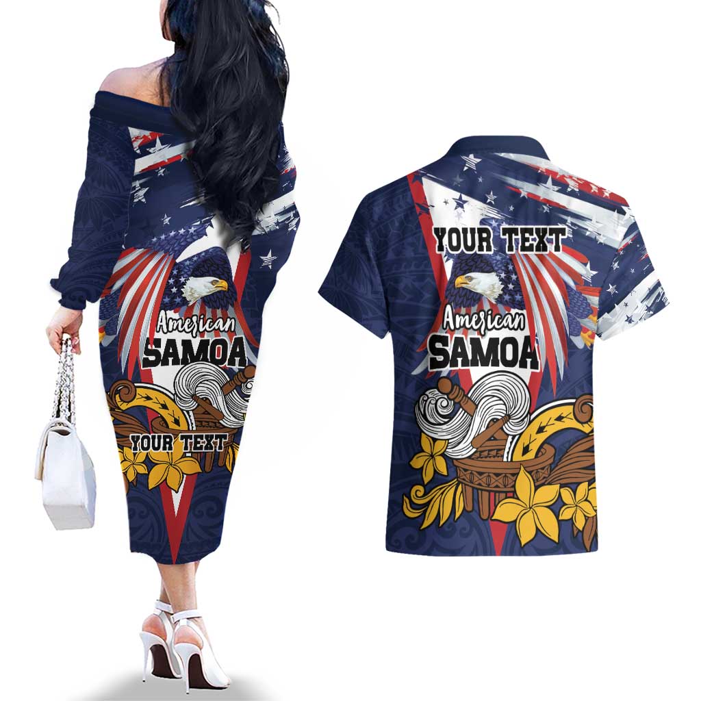 USA-American Samoa Flag Day Personalized Couples Matching Off The Shoulder Long Sleeve Dress and Hawaiian Shirt Bald Eagle Polynesian Tribal Pattern