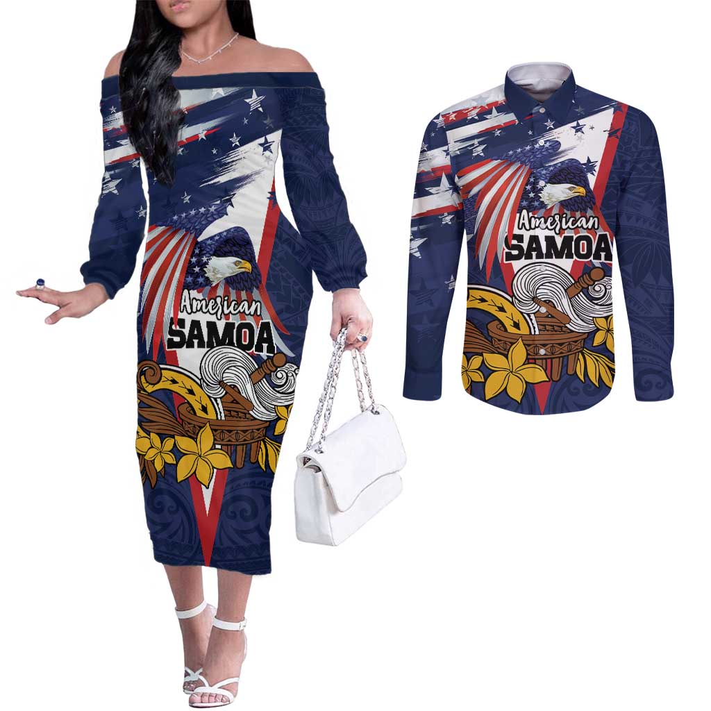 USA-American Samoa Flag Day Personalized Couples Matching Off The Shoulder Long Sleeve Dress and Long Sleeve Button Shirt Bald Eagle Polynesian Tribal Pattern