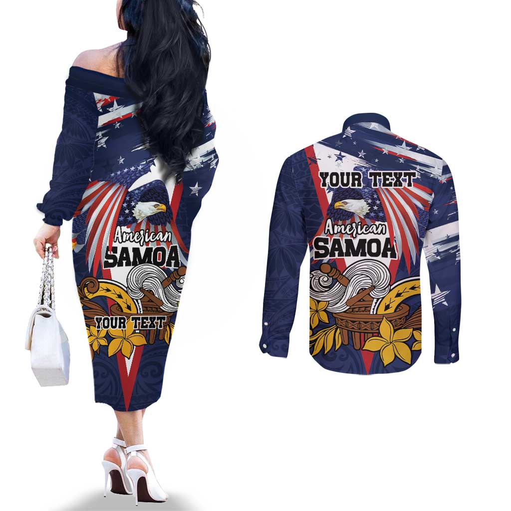 USA-American Samoa Flag Day Personalized Couples Matching Off The Shoulder Long Sleeve Dress and Long Sleeve Button Shirt Bald Eagle Polynesian Tribal Pattern
