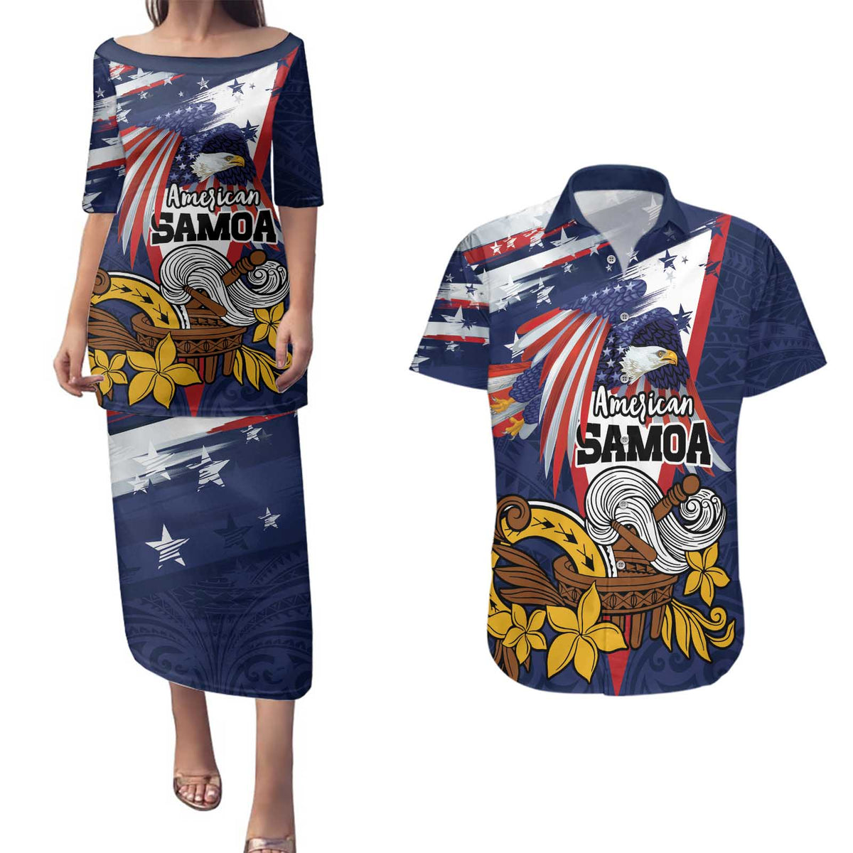 USA-American Samoa Flag Day Personalized Couples Matching Puletasi and Hawaiian Shirt Bald Eagle Polynesian Tribal Pattern