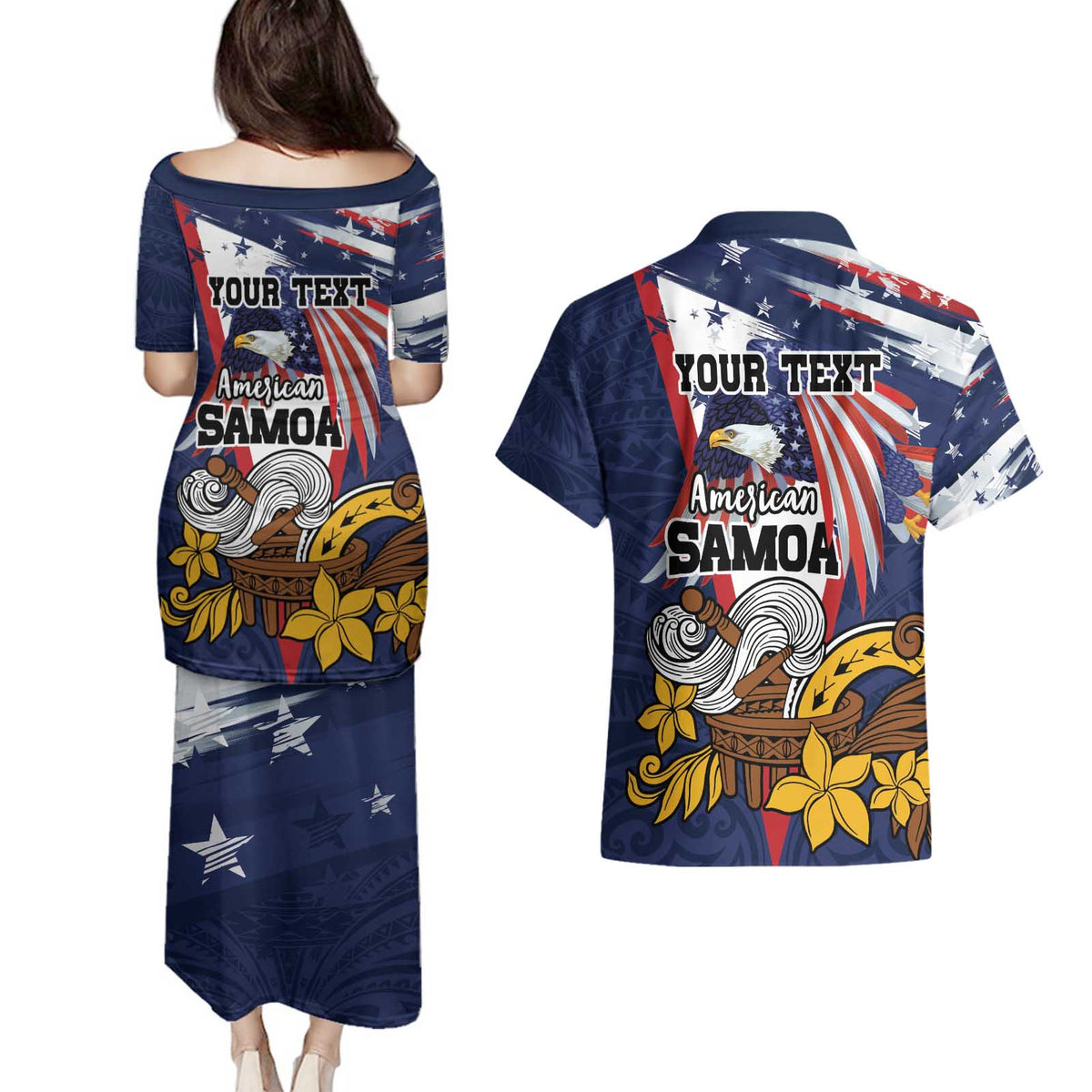 USA-American Samoa Flag Day Personalized Couples Matching Puletasi and Hawaiian Shirt Bald Eagle Polynesian Tribal Pattern
