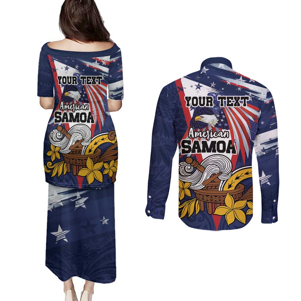 USA-American Samoa Flag Day Personalized Couples Matching Puletasi and Long Sleeve Button Shirt Bald Eagle Polynesian Tribal Pattern