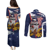 USA-American Samoa Flag Day Personalized Couples Matching Puletasi and Long Sleeve Button Shirt Bald Eagle Polynesian Tribal Pattern