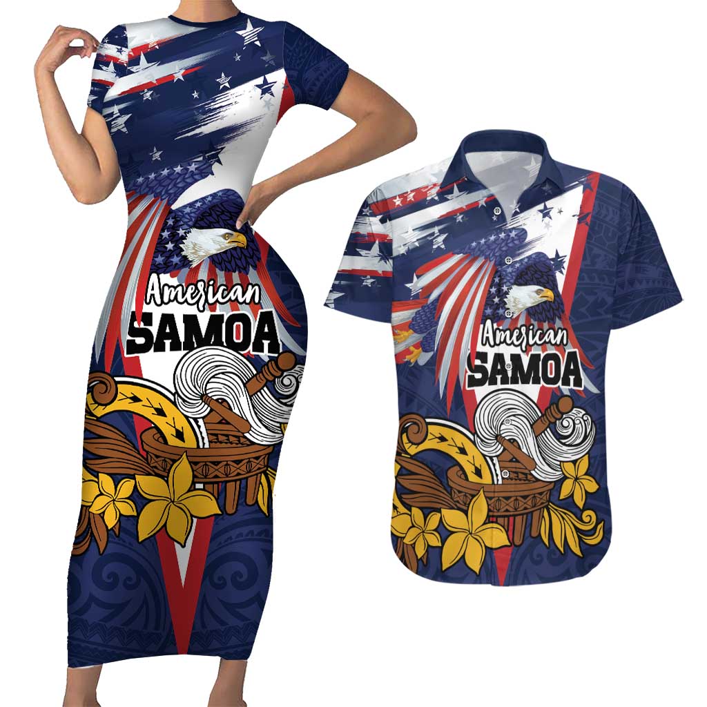 USA-American Samoa Flag Day Personalized Couples Matching Short Sleeve Bodycon Dress and Hawaiian Shirt Bald Eagle Polynesian Tribal Pattern