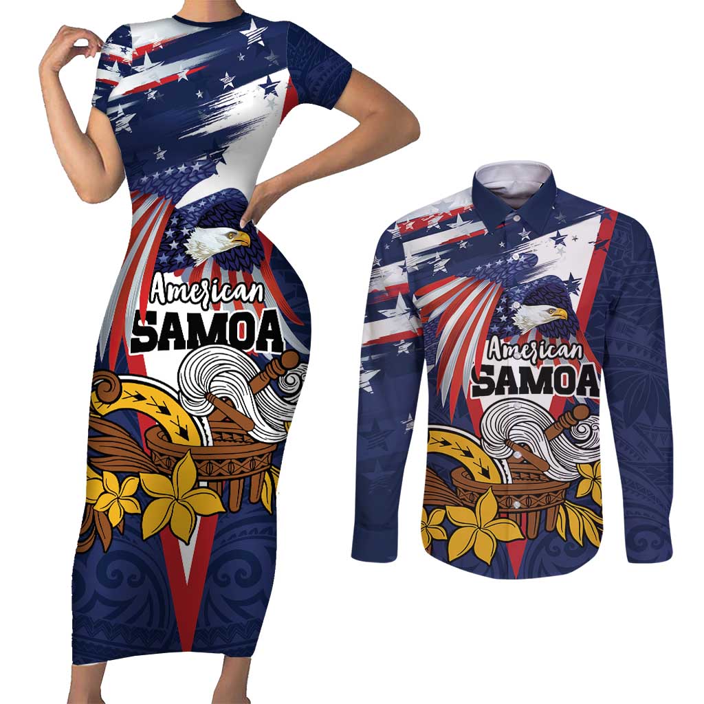 USA-American Samoa Flag Day Personalized Couples Matching Short Sleeve Bodycon Dress and Long Sleeve Button Shirt Bald Eagle Polynesian Tribal Pattern