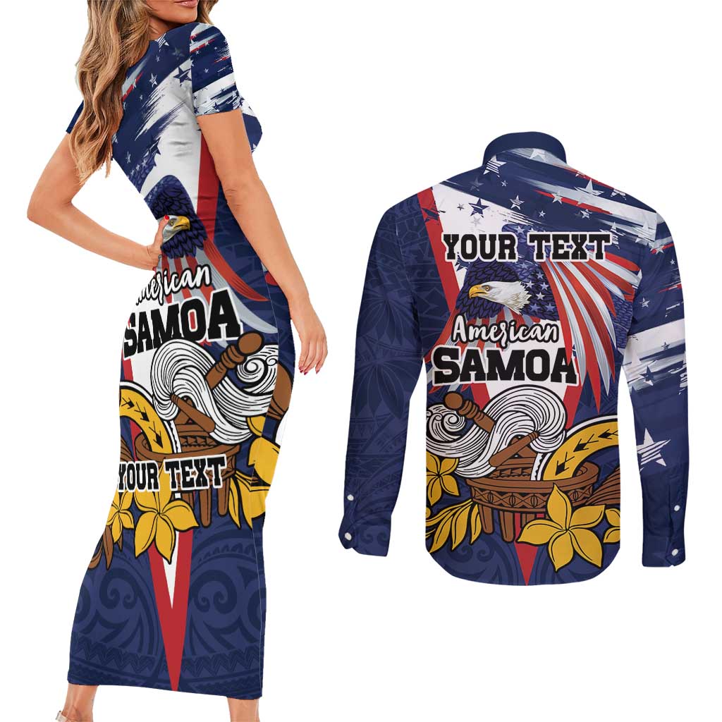 USA-American Samoa Flag Day Personalized Couples Matching Short Sleeve Bodycon Dress and Long Sleeve Button Shirt Bald Eagle Polynesian Tribal Pattern