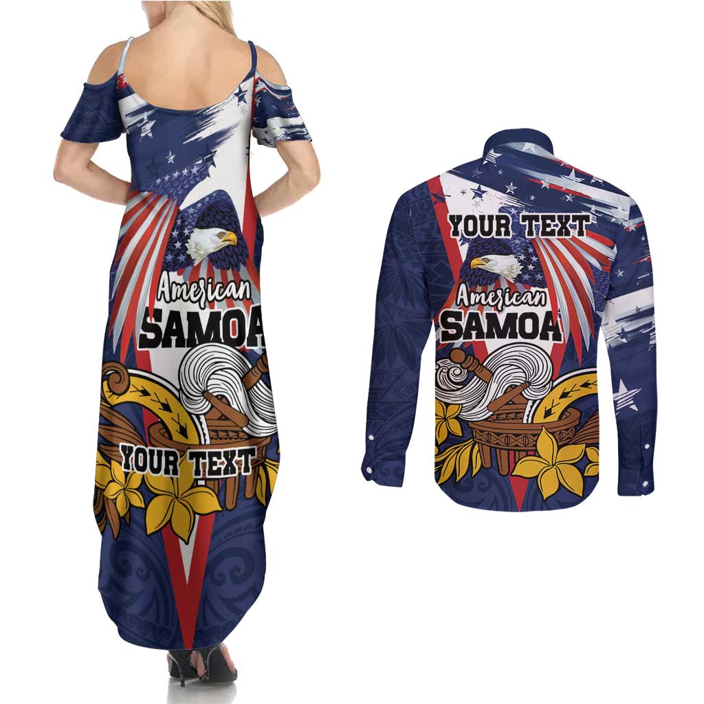 USA-American Samoa Flag Day Personalized Couples Matching Summer Maxi Dress and Long Sleeve Button Shirt Bald Eagle Polynesian Tribal Pattern