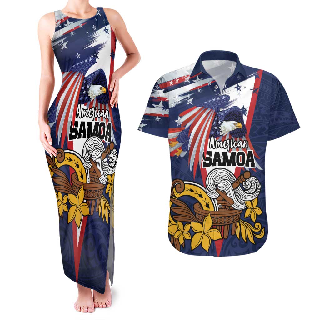 USA-American Samoa Flag Day Personalized Couples Matching Tank Maxi Dress and Hawaiian Shirt Bald Eagle Polynesian Tribal Pattern