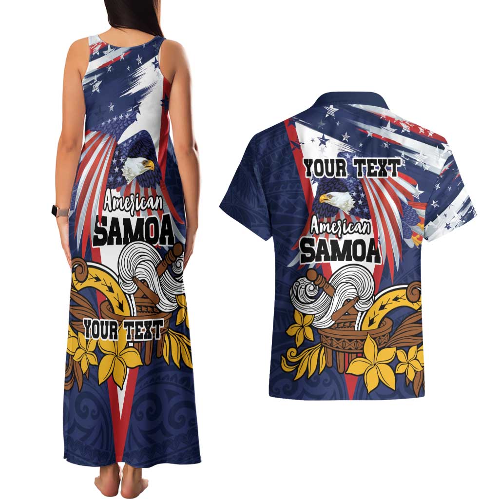 USA-American Samoa Flag Day Personalized Couples Matching Tank Maxi Dress and Hawaiian Shirt Bald Eagle Polynesian Tribal Pattern