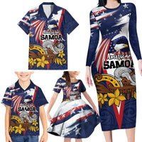 USA-American Samoa Flag Day Personalized Family Matching Long Sleeve Bodycon Dress and Hawaiian Shirt Bald Eagle Polynesian Tribal Pattern