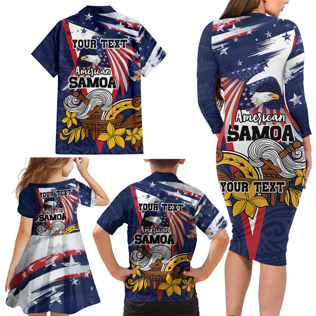USA-American Samoa Flag Day Personalized Family Matching Long Sleeve Bodycon Dress and Hawaiian Shirt Bald Eagle Polynesian Tribal Pattern