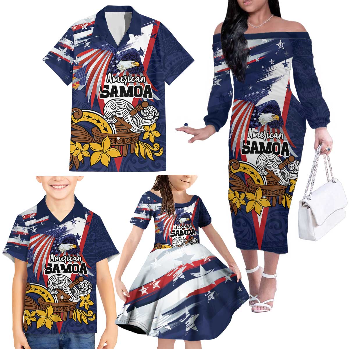 USA-American Samoa Flag Day Personalized Family Matching Off The Shoulder Long Sleeve Dress and Hawaiian Shirt Bald Eagle Polynesian Tribal Pattern