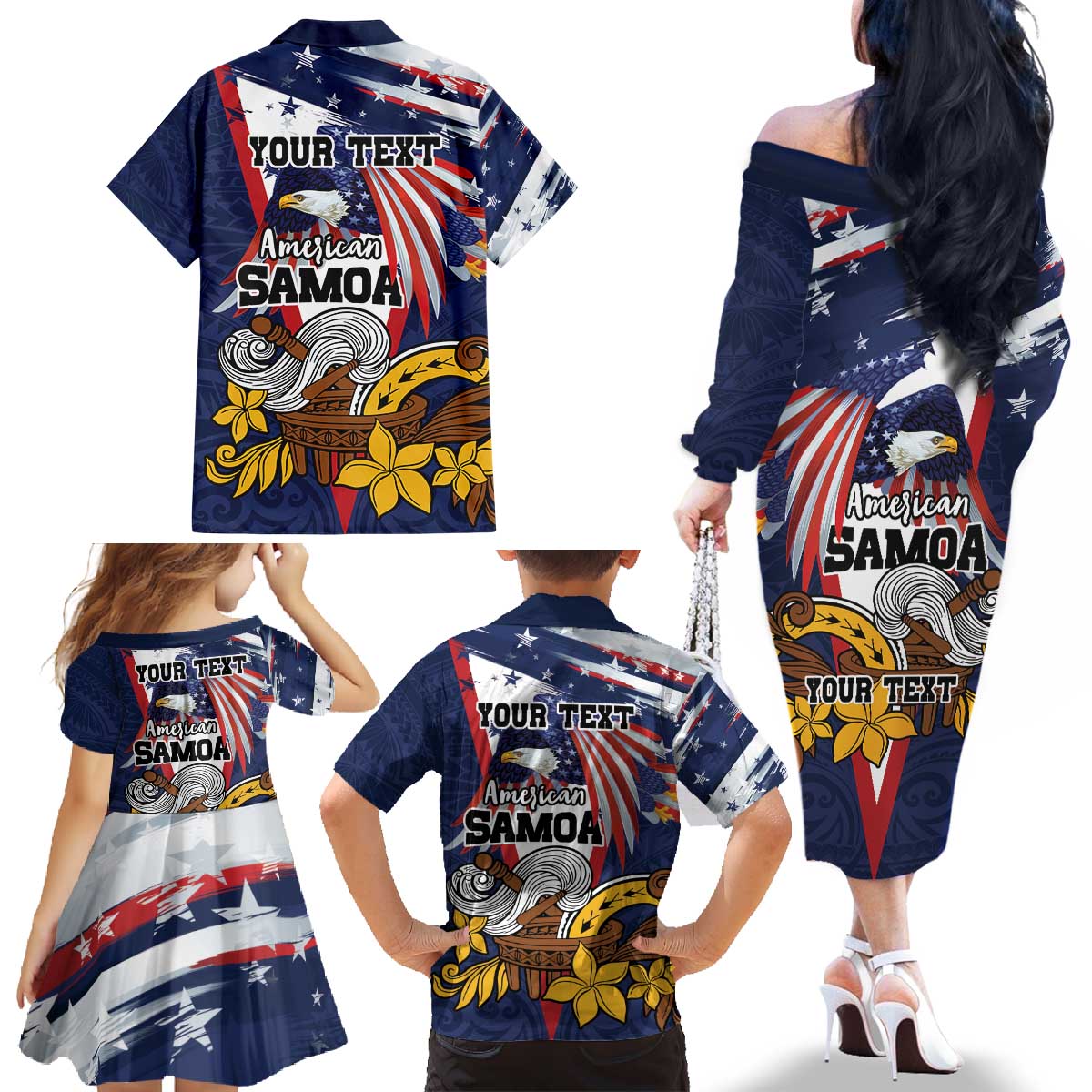 USA-American Samoa Flag Day Personalized Family Matching Off The Shoulder Long Sleeve Dress and Hawaiian Shirt Bald Eagle Polynesian Tribal Pattern
