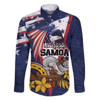 USA-American Samoa Flag Day Personalized Family Matching Off The Shoulder Long Sleeve Dress and Hawaiian Shirt Bald Eagle Polynesian Tribal Pattern