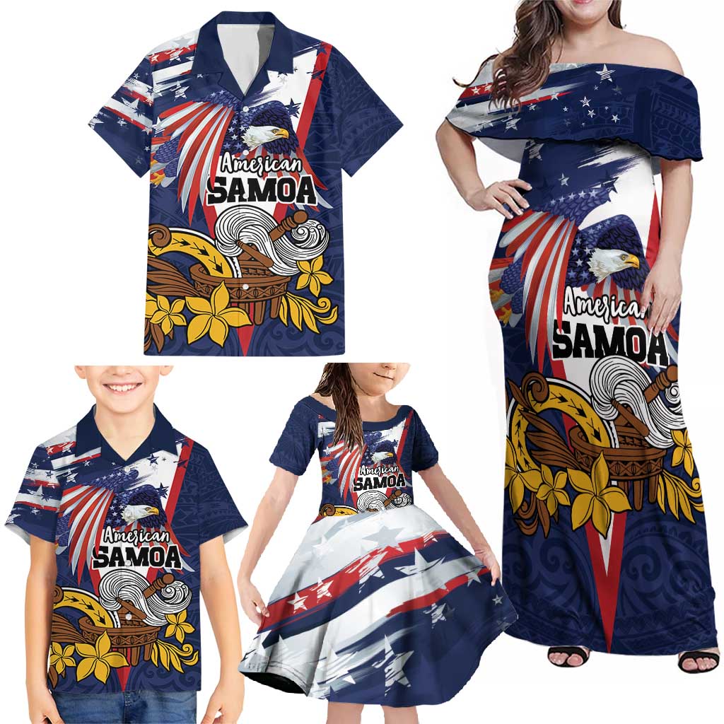 USA-American Samoa Flag Day Personalized Family Matching Off Shoulder Maxi Dress and Hawaiian Shirt Bald Eagle Polynesian Tribal Pattern