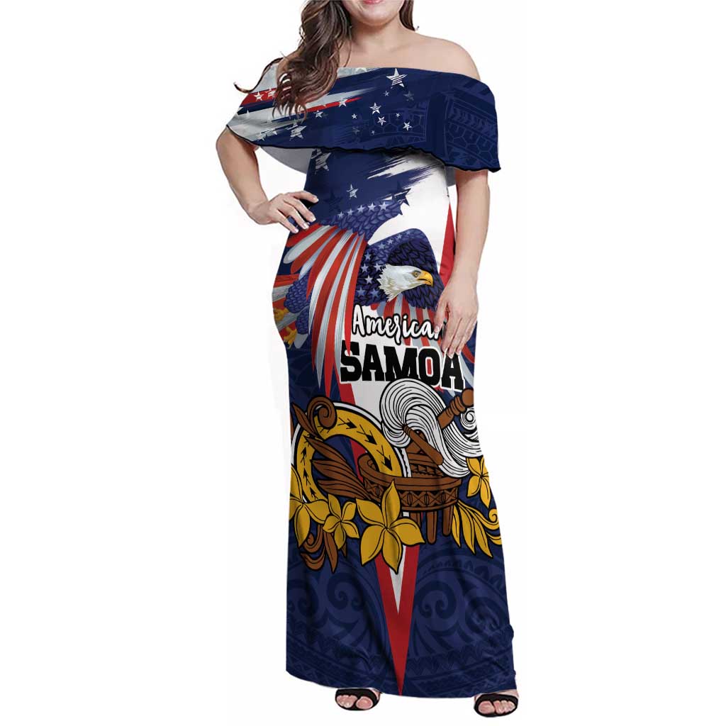 USA-American Samoa Flag Day Personalized Family Matching Off Shoulder Maxi Dress and Hawaiian Shirt Bald Eagle Polynesian Tribal Pattern